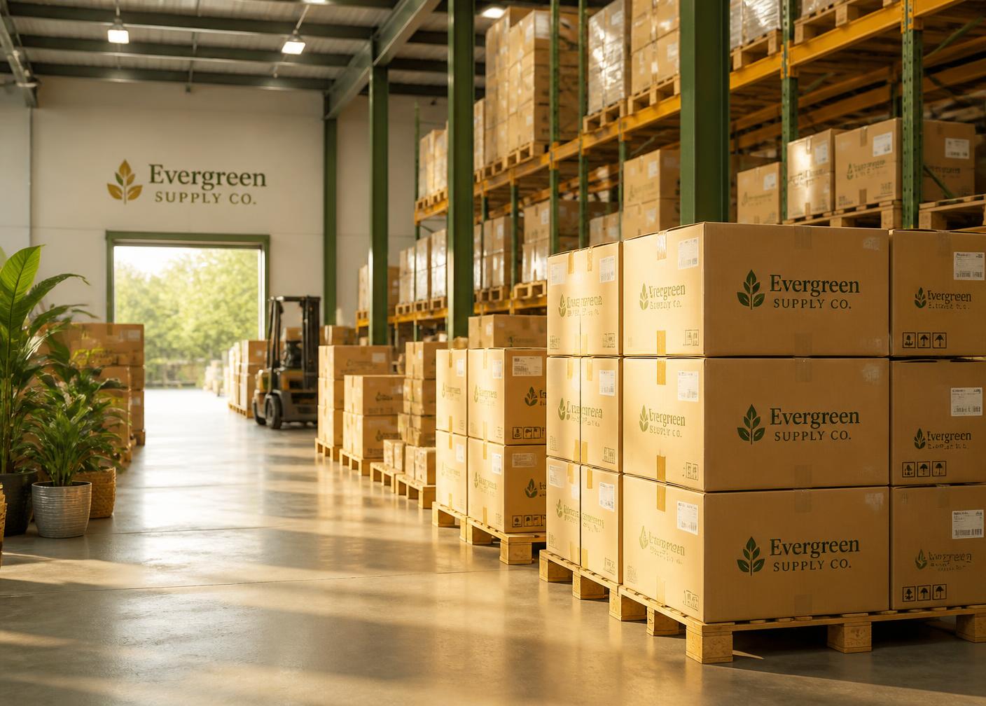 Wholesale warehouse with stacked pallets of boxes