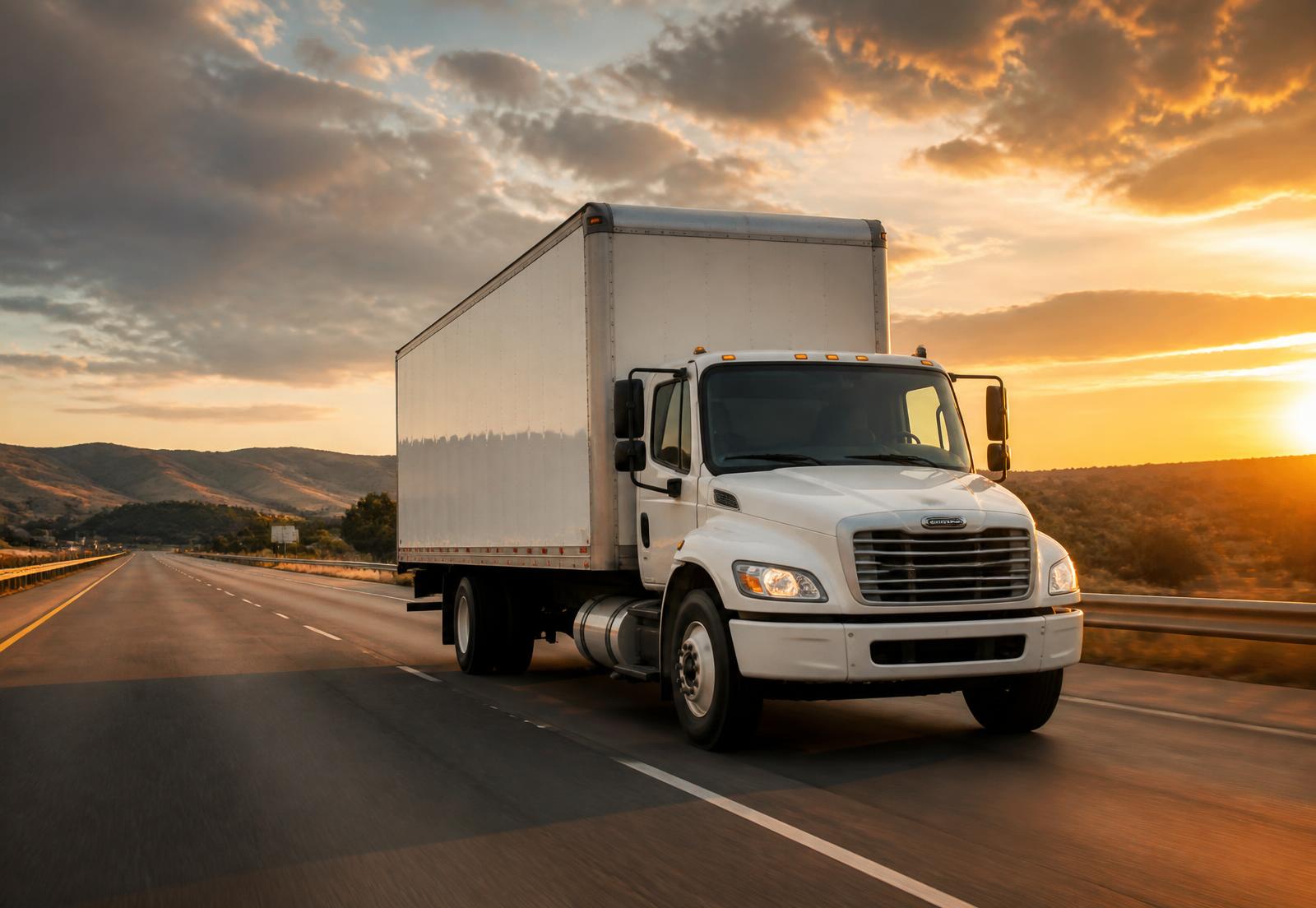 Box truck on an open highway at golden hour